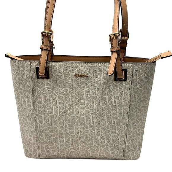 Calvin Klein Signature Satchel H8ABJ6UW Vegan Leather White/Tan Gold Hardware - Picture 3 of 13